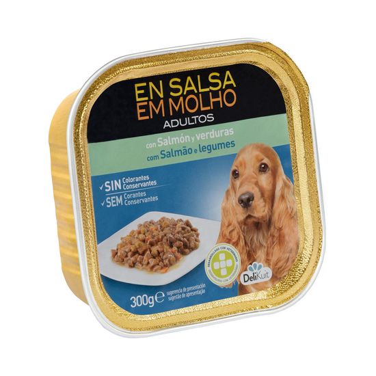 Trozos en salsa perro adulto Delikuit con salmón y verduras