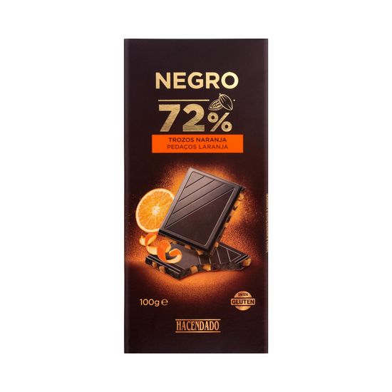 Chocolate negro 72% cacao Hacendado con trozos de naranja