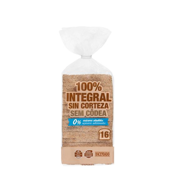 Pan de molde 100% integral sin corteza Hacendado 0% azúcares añadidos