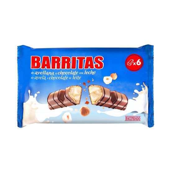 Barritas de barquillo Hacendado con relleno de avellana cubiertas de chocolate con leche