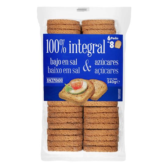 Pan tostado 100% integral bajo en sal y en azúcares Hacendado