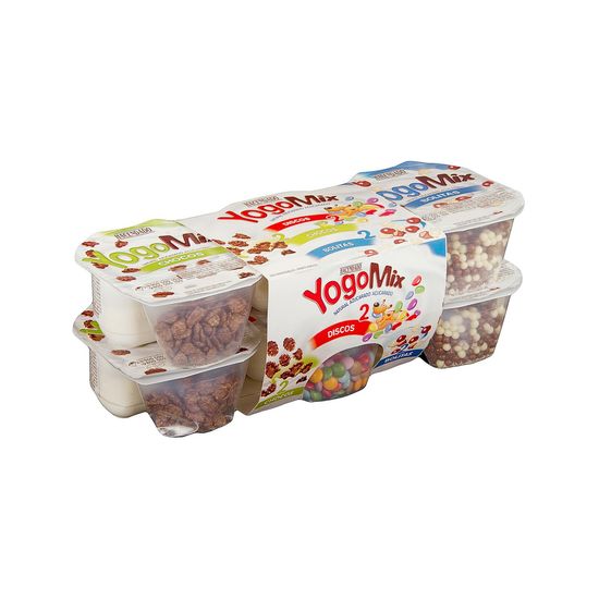 Yogur azucarado YogoMix Hacendado variado de copos maíz, bolitas y disquitos chocolateados