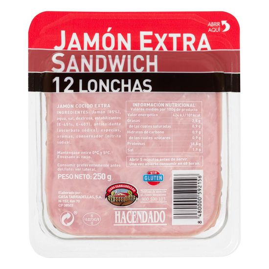 Jamón cocido extra sándwich Hacendado lonchas